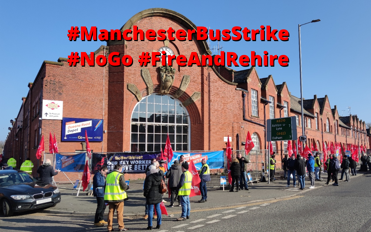 Picture of Queen's Road bus garage with strikers outside and campaign hashtags